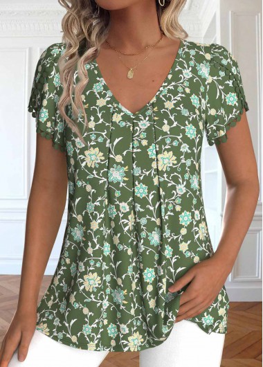 Modlily Olive Green Embroidery Ditsy Floral Print T Shirt - S