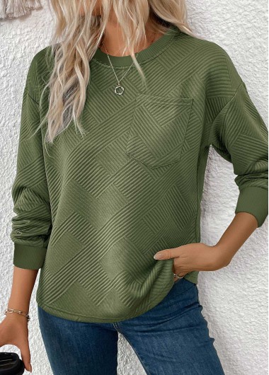 Modlily Olive Green Jacquard Long Sleeve Round Neck Sweatshirt - S