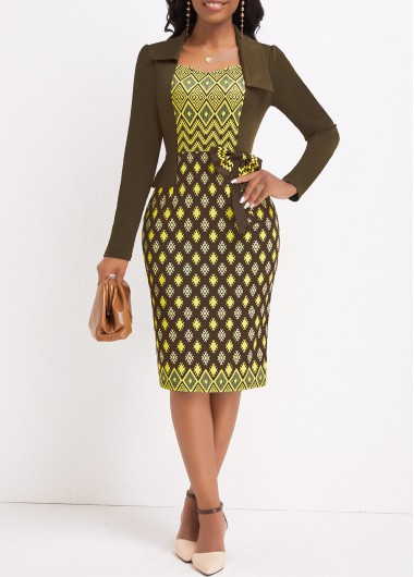 Modlily Olive Green Patchwork Argyle Print Bodycon Long Sleeve Dress - M