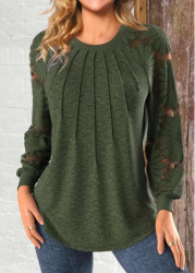 Modlily Olive Green Patchwork Long Sleeve Round Neck Sweatshirt - M