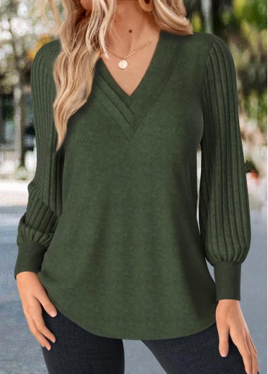 Modlily Olive Green Patchwork Long Sleeve V Neck T Shirt - S