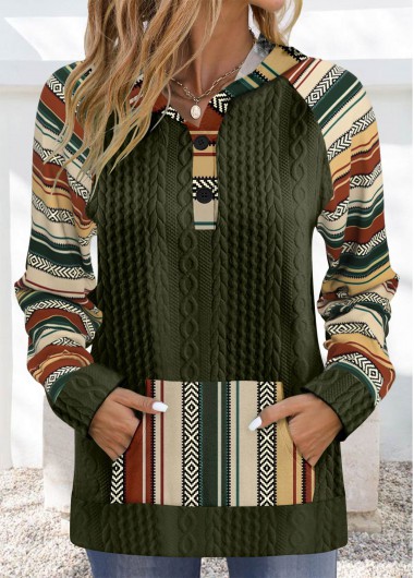 Modlily Olive Green Patchwork Tribal Print Long Sleeve Hoodie - S