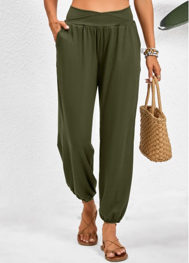 Modlily Olive Green Pocket Jogger Elastic Waist High Waisted Pants - L