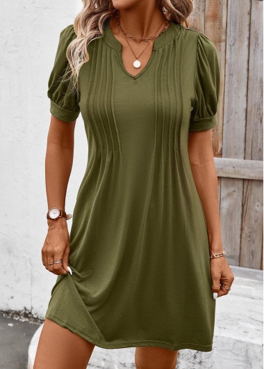 Modlily Olive Green Tuck Stitch Short Split Neck Dress - M