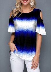 Modlily Ombre Cold Shoulder Half Sleeve T Shirt - S