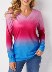 Modlily Ombre Long Sleeve V Neck T Shirt - S