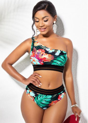 Modlily One Shoulder Floral Print High Waisted Bikini Set - XL