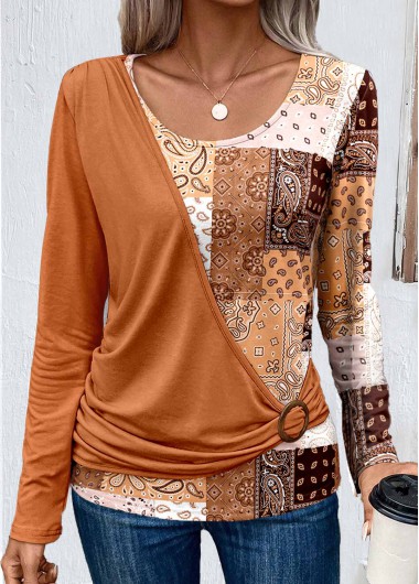 Modlily Orange Asymmetry Patchwork Long Sleeve T Shirt - M