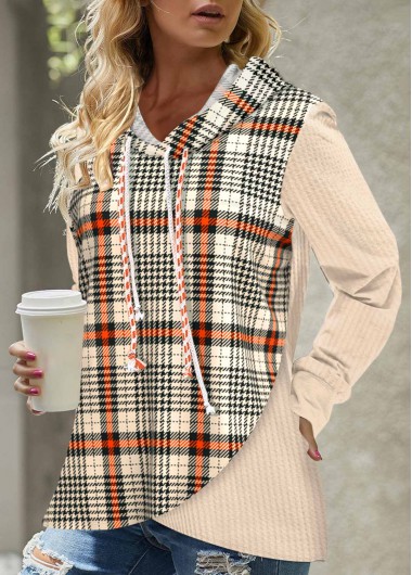 Modlily Orange Asymmetry Plaid Long Sleeve Hoodie - S