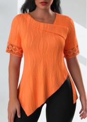 Modlily Orange Asymmetry Short Sleeve Asymmetrical Neck T Shirt - S