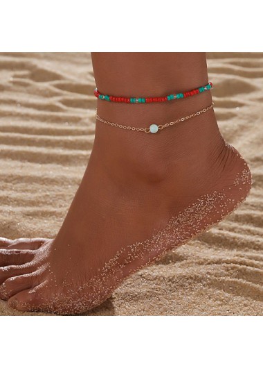 Modlily Orange Beaded Layered Design Alloy Anklets Set - One Size