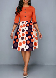 Modlily Orange Button Geometric Print Three Quarter Length Sleeve Dress - XL