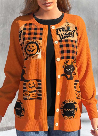 Modlily Orange Button Halloween Print Long Sleeve Coat - S