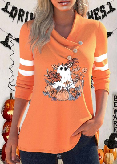 Modlily Orange Button Halloween Print Long Sleeve Cowl Neck Sweatshirt - M