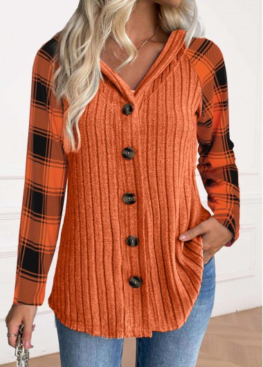 Modlily Orange Button Plaid Long Sleeve Hoodie - S