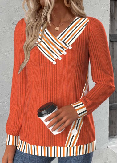 Modlily Orange Button Striped Long Sleeve V Neck Sweatshirt - S