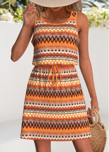 Modlily Orange Drawstring Tribal Print Short Sleeveless Scoop Neck Dress - S