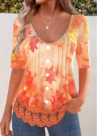 Modlily Orange Embroidery Leaf Print Half Sleeve T Shirt - S