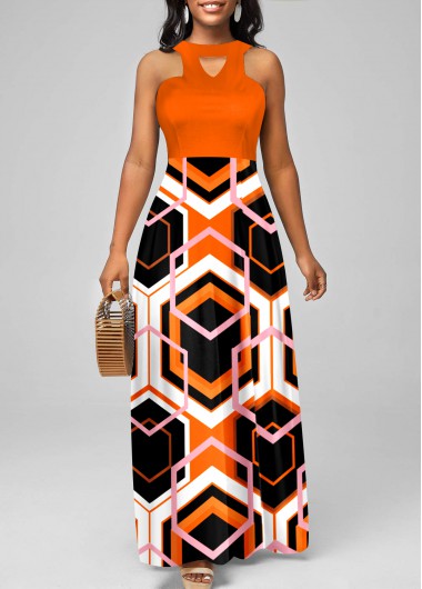 Modlily Orange Geometric Print Halter Maxi Dress - M