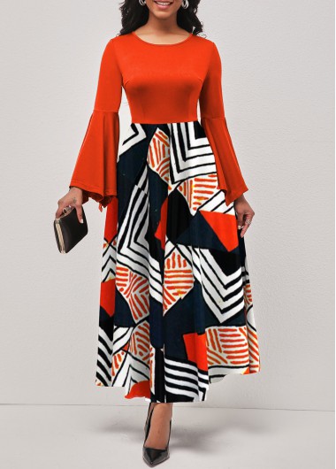 Modlily Orange Hanky Sleeve Geometric Print Round Neck Dress - S