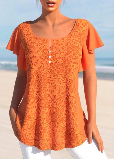 Modlily Orange Lace Short Sleeve Split Neck T Shirt - S