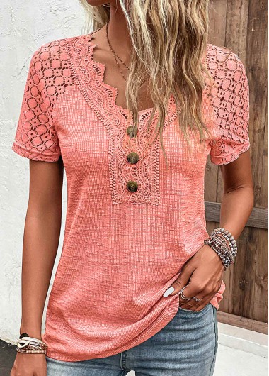 Modlily Orange Lace Short Sleeve V Neck T Shirt - S