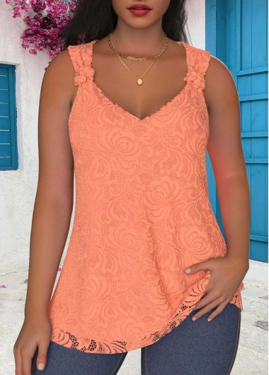 Modlily Orange Lace Sleeveless V Neck Tank Top - S