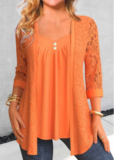 Modlily Orange Lace Three Quarter Length Sleeve T Shirt - S