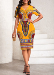 Modlily Orange Patchwork African Tribal Print Short Sleeve Bodycon Dress - S