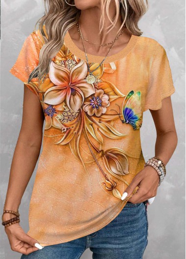 Modlily Orange Patchwork Floral Print Short Sleeve T Shirt - S