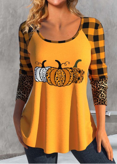 Modlily Orange Patchwork Halloween Print Long Sleeve T Shirt - S