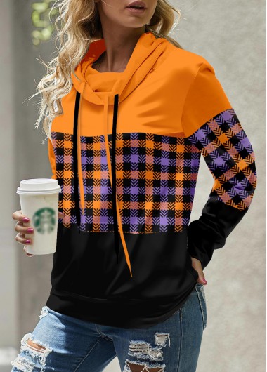 Modlily Orange Patchwork Plaid Long Sleeve Cowl Neck Sweatshirt - L