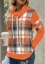 Modlily Orange Patchwork Plaid Long Sleeve Cowl Neck Sweatshirt - S