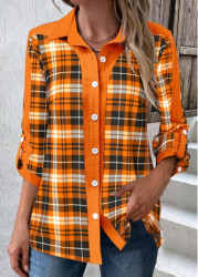 Modlily Orange Patchwork Plaid Long Sleeve Shirt Collar Blouse - S