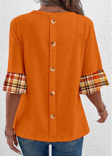 Modlily Orange Patchwork Plaid Long Sleeve T Shirt - S