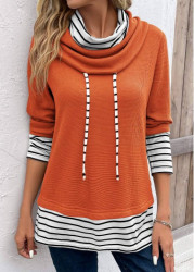 Modlily Orange Patchwork Striped Long Sleeve Cowl Neck Sweatshirt - M