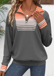 Modlily Orange Patchwork Striped Long Sleeve Turn Down Collar Sweatshirt - S