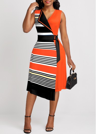 Modlily Orange Patchwork Striped Sleeveless V Neck Dress - M