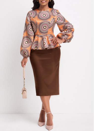 Modlily Orange Patchwork Tribal Print Long Sleeve Dress - S