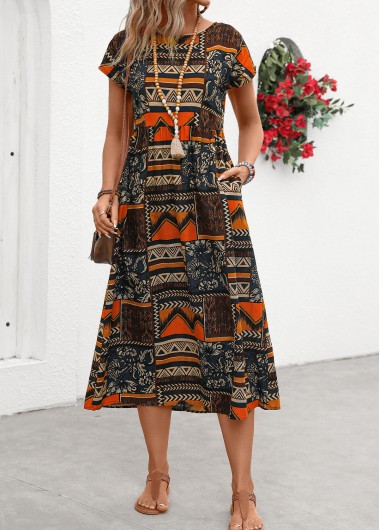 Modlily Orange Pocket Tribal Print Short Sleeve Round Neck Dress - S