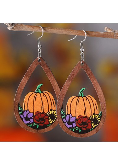 Modlily Orange Pumpkin Floral Hollow Wood Earrings - One Size