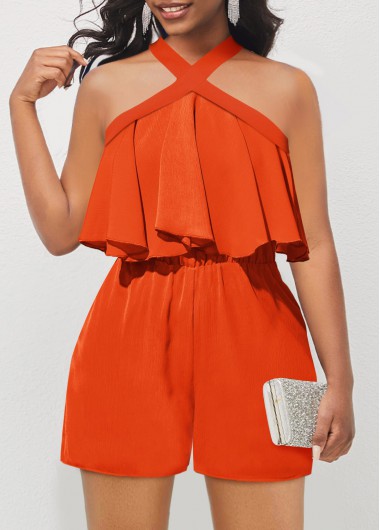 Modlily Orange Ruffle Short Sleeveless Cross Collar Romper - L