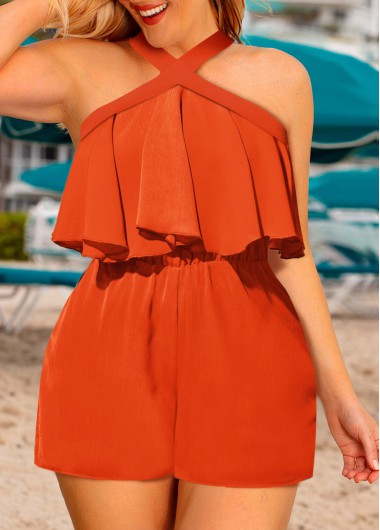 Modlily Orange Ruffle Short Sleeveless Cross Collar Straight Leg Romper - 1X