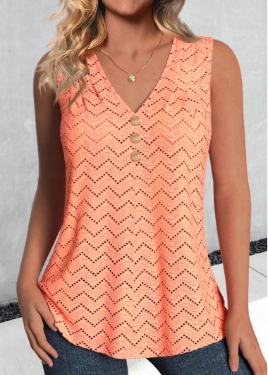 Modlily Orange Textured Fabric Sleeveless V Neck Tank Top - L