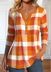 Modlily Orange Tuck Stitch Plaid Long Sleeve T Shirt - S