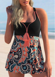 Modlily Paisley Print Bowknot Coral Orange Swimdress Top - S