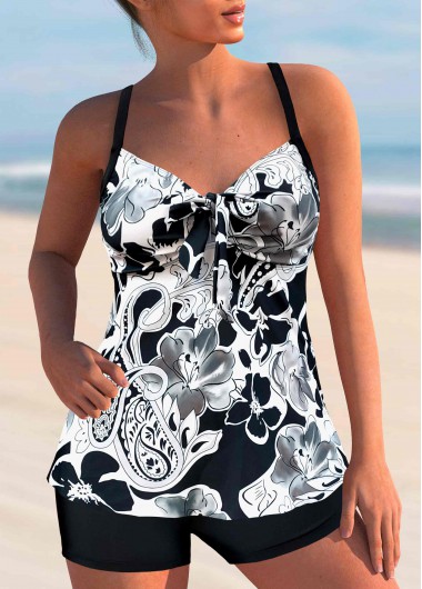 Modlily Paisley Print White Bowknot Tankini Set - S