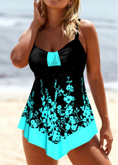 Modlily Patchwork Floral Print Black Swimdress Set - S