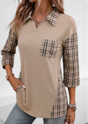 Modlily Patchwork Plaid Three Quarter Length Sleeve Blouse - S