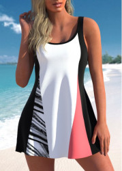 Modlily Patchwork Wave Pattern Print White Swimdress Set - S